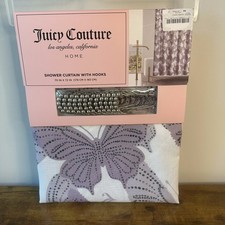 New Juicy Couture 70x72 Fabric Shower Curtain Hooks Set Purple Butterfly White