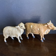 Vintage Folk Art Hand-Carved 11" Wooden Cow and Sheep with glass eyes