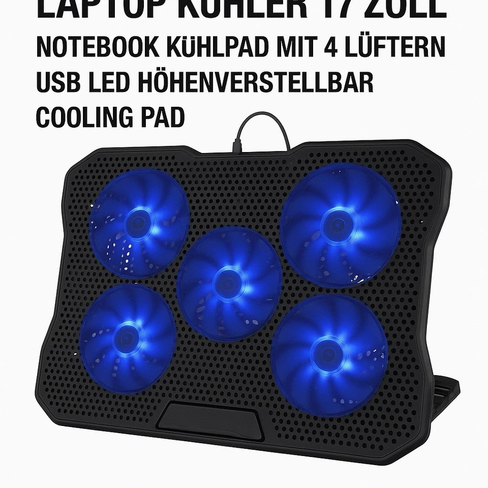 Laptop Kühler 17 Zoll Notebook Cooling Pad USB 4 Lüfter LED höhenverstellbar - Bild 2 von 3