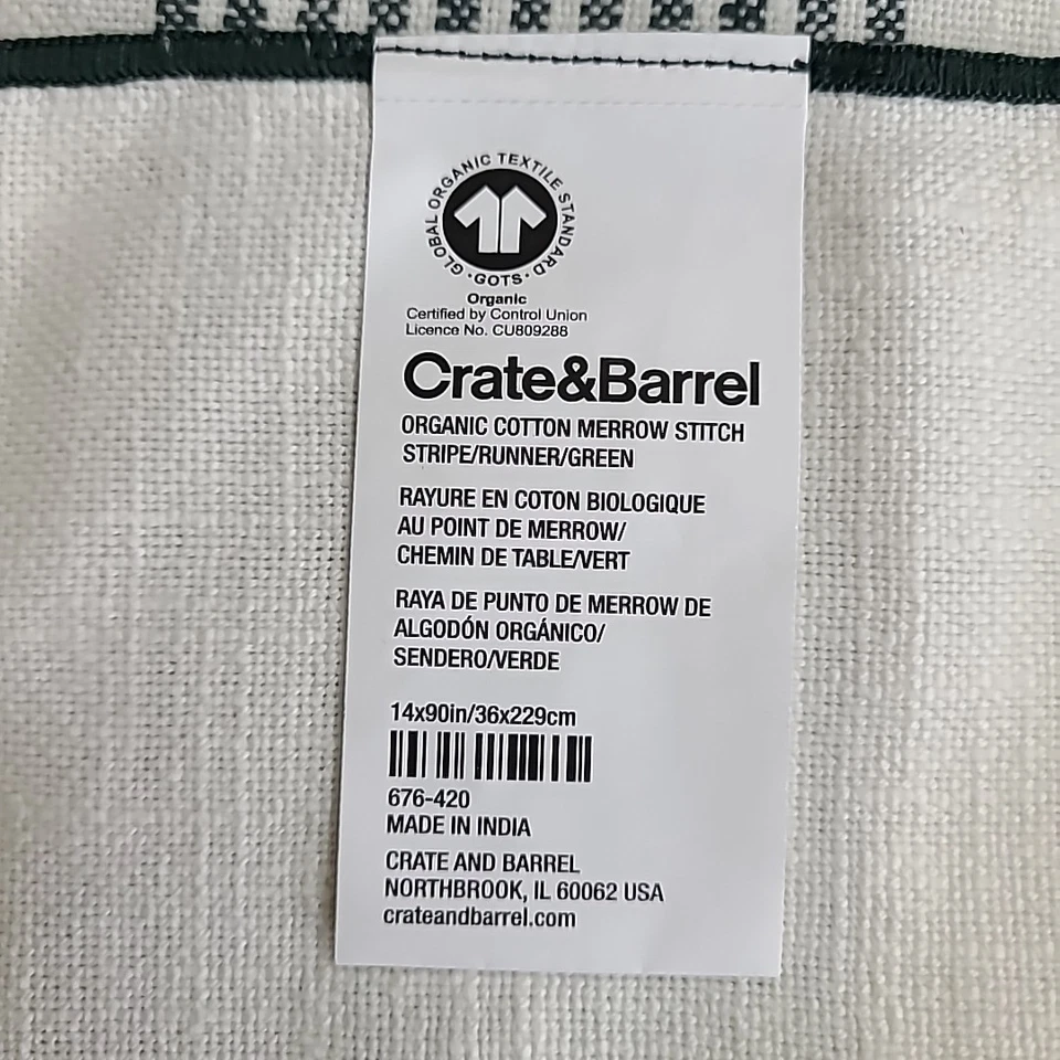 Crate & Barrel White/Green Orgsnic Cotton Merrow Stitch Stripe Table Runner - Image 4 of 4