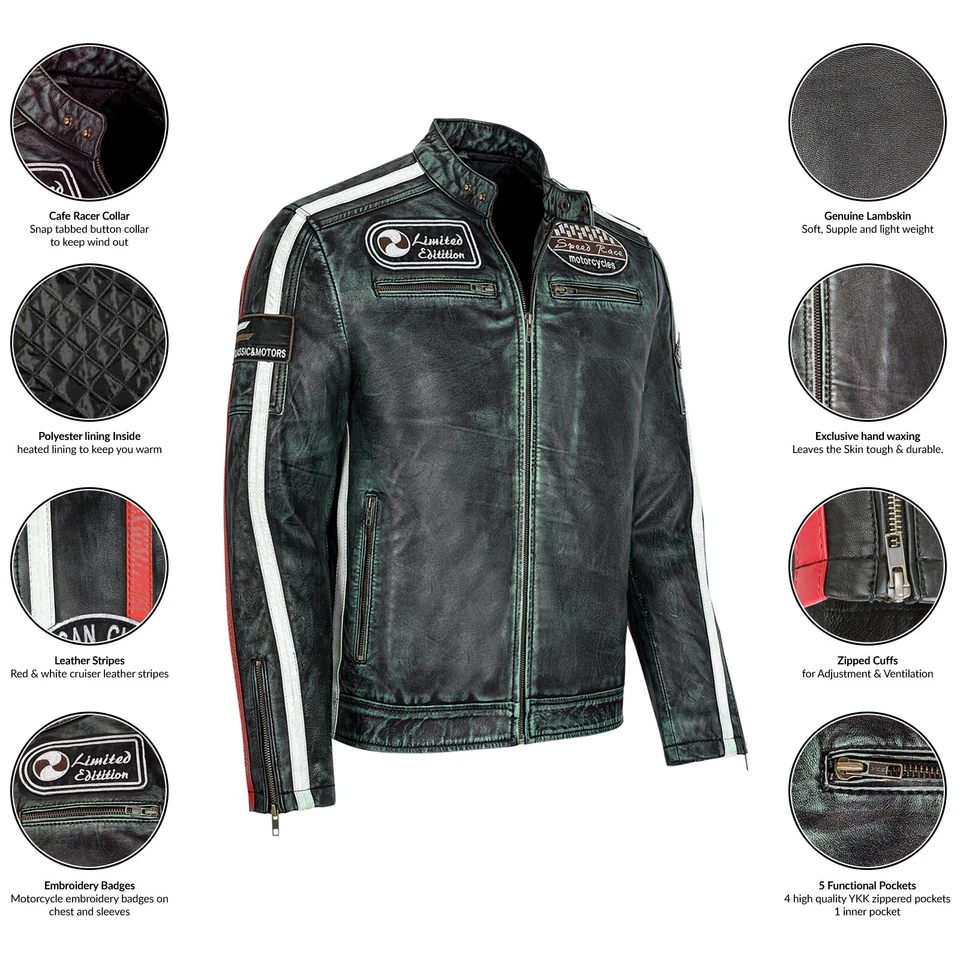 Chaqueta de cuero genuino de piel de cordero para hombre negra ajustada chaqueta de motociclista motocicleta nueva Foto 2 de 4