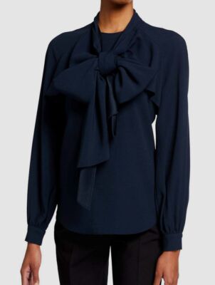 $1690 Oscar de la Renta Women's Blue Scarf-Neck Long-Sleeve Blouse Size 4