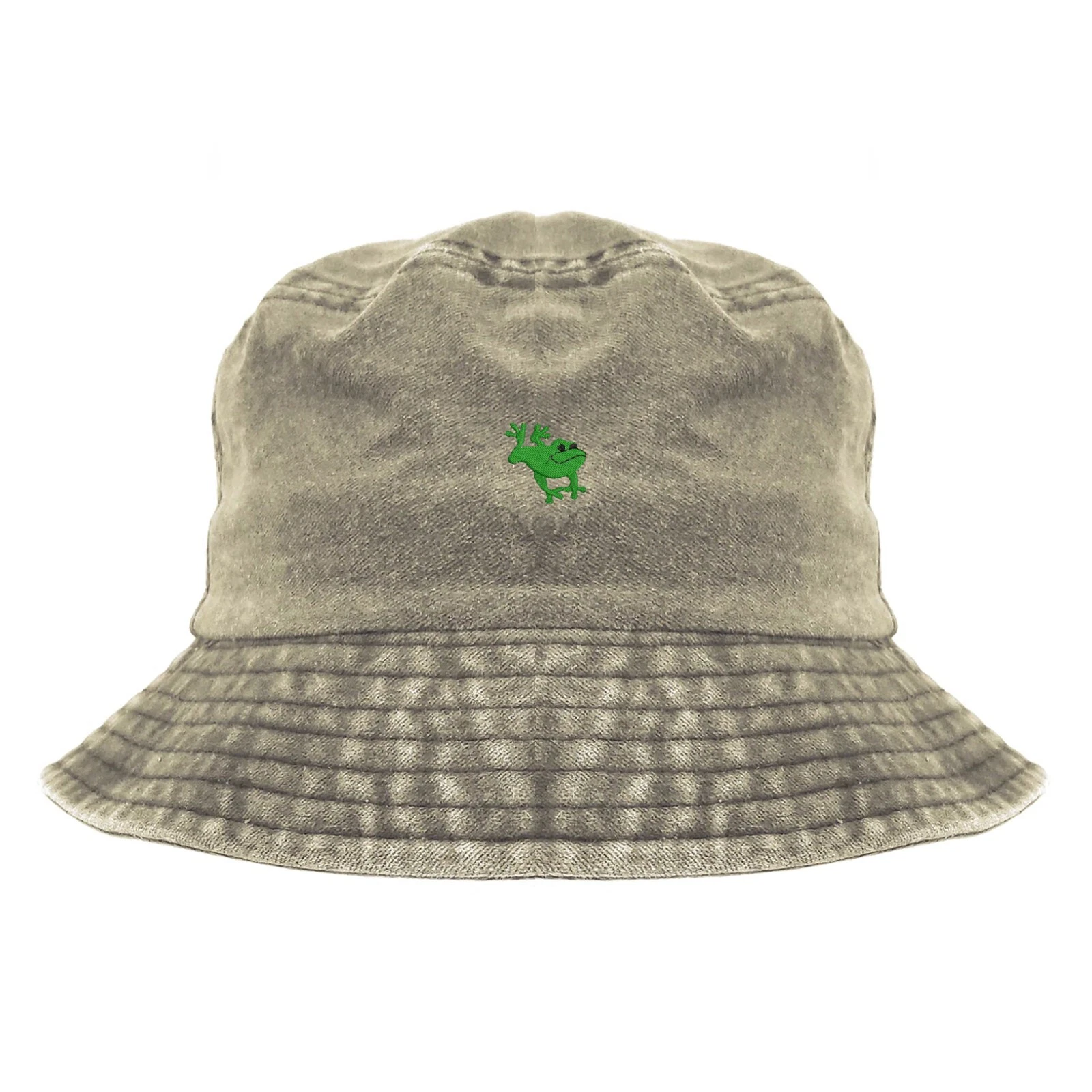 Green frog embroidered bucket hat, pigment dyed camping hat