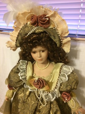 Original Vintage Collectible Porcelain German Doll in a Festive Dress