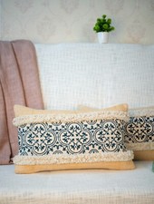 Boho Lumbar Pillow Cover - 12x20 Inch, Cotton, Beige  Navy Blue with Textured