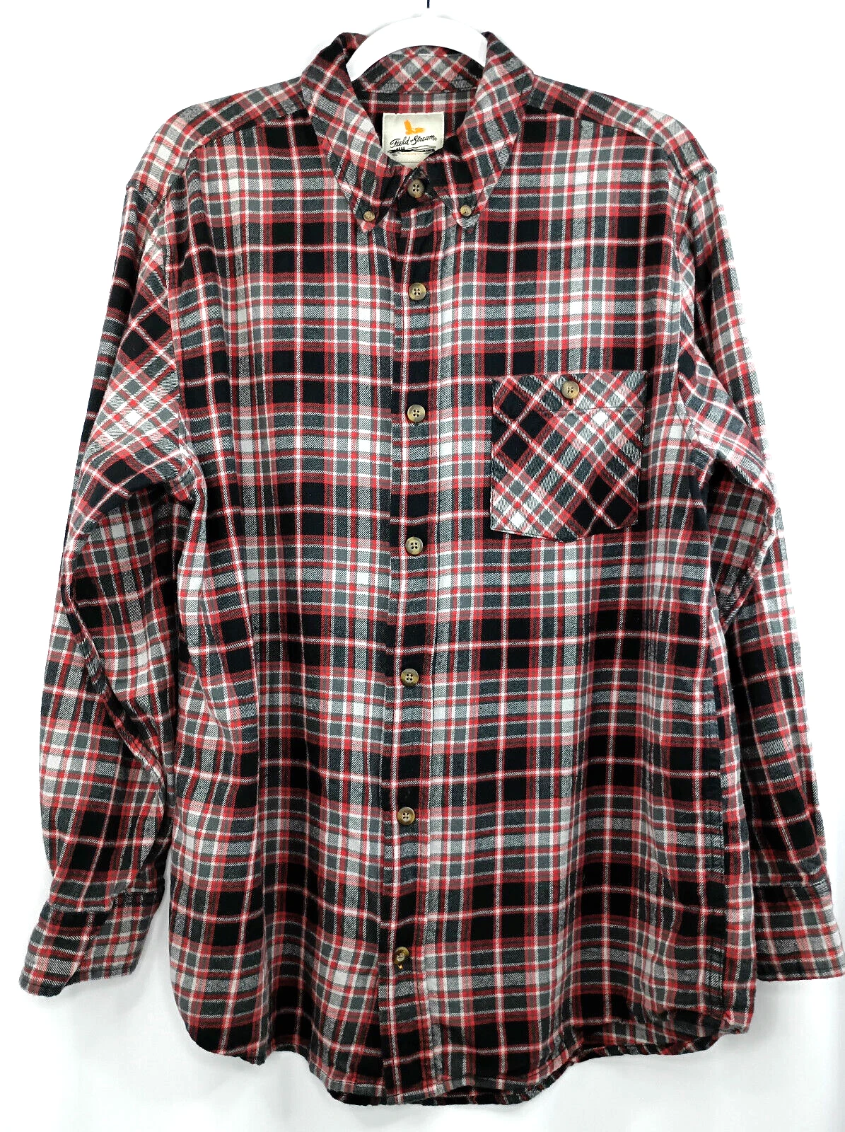 Field & Stream Shirt Men LARGE 100% Cotton Flannnel Plaid Red Black Grey