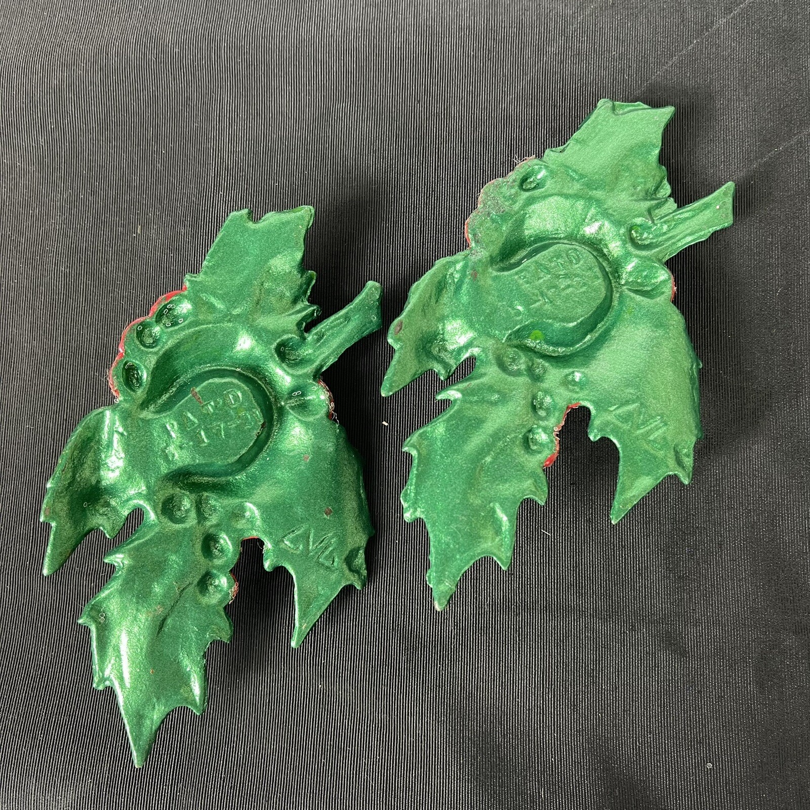 1921 Cast Iron Christmas Candle Holders L.VL Holly Leaf Berries Antique