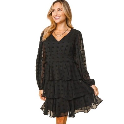 Flirty Fit Flare Dress Whimsigoth Women Medium Black Long Sleeve Tiered  Ruffle | eBay