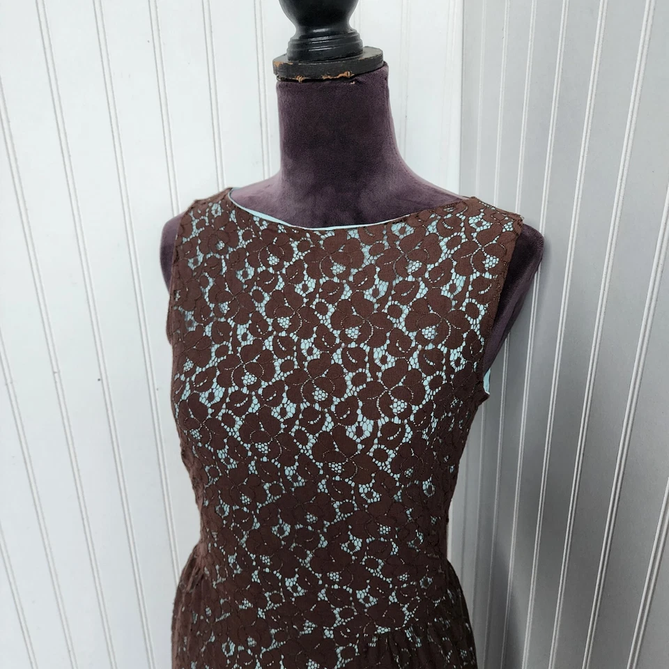 Isaac Mizrahi Womens Lace Aqua Blue Brown Floral Lace Sheath Dress Sleeveless XS - Image 3 of 4