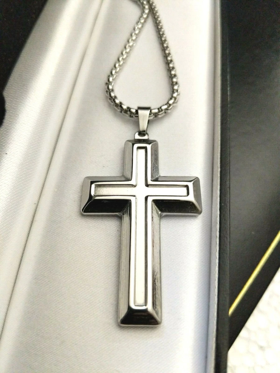 Personalised Chunky Large Silver Steel Engraved Cross Necklace