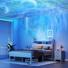 Queen Platform Bed Star Projector Charging Headboard Underbed Storage White