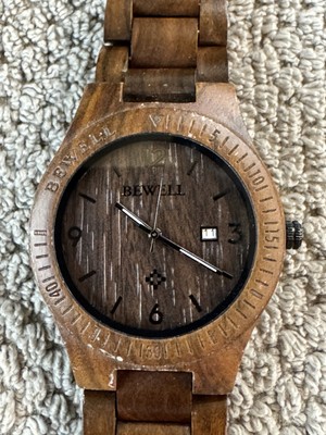 Bewell Wood Mens Watch Date Dark Brown Tone New Battery