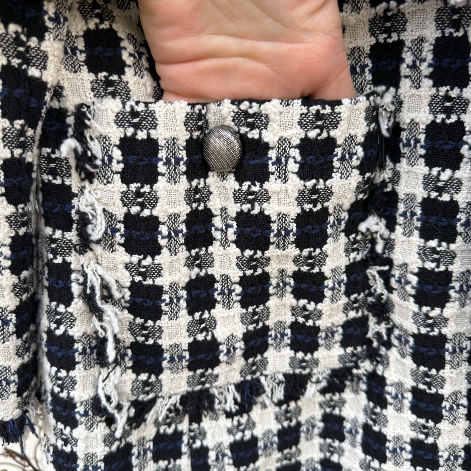 Zara Basic Black White Boucle Tweed Houndstooth Fringe Jacket NWT Large thumbnail 5