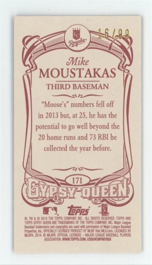 Mike Moustakas 2014 Topps Gypsy Queen Red Mini /99 #171 Kansas City Royals - Image 2 of 3