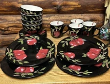 PLACE SETTING FOR 4 CANTERBURY MIDNIGHT ORCHARD BLACK & RED 16 PIECES GREAT COND