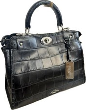 COACH Shoulder Bag Croco Embossed Black Leather Turnlock