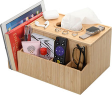 Bamboo Tissue Box Holder  Tablet Stand Organizer for Bedroom  Desktop; Compart