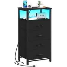 Night Stand - Small Dresser for Bedroom, LED Black Nightstand with Charging S...