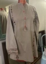 Beige Cotton Embroidered Long Sleeve Women  s Kurti Traditional Ethnic Style