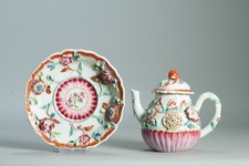 Antique Chinese Teapot and Pattipan with Relief Flowers Yongzheng Porcelain C...