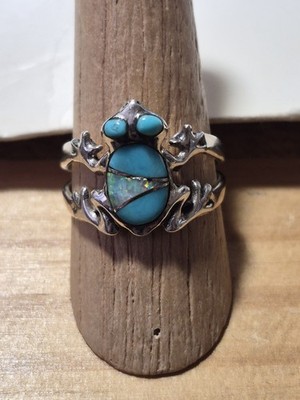 925 TURQUOISE & OPAL FROG RING SIZE 7 1/2-8 MADE IN PHILIPPINES GREAT GIFT