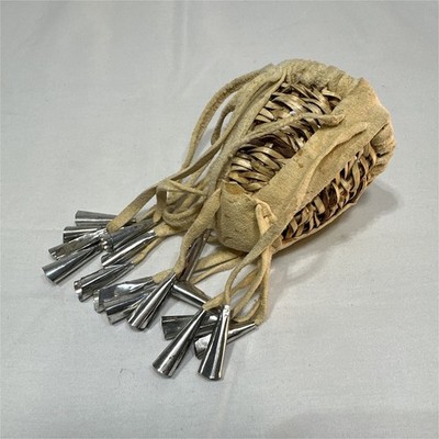 Handmade Small Woven Basket Pouch Rawhide Rattle Leather Drawstring Tassels