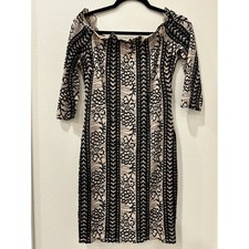 Vintage Fashion Magazine Black Lace Floral Off Shoulder Bodycon Dress 3/4 Sleeve