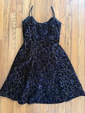 VINTAGE 90s Black Velvet Floral Structure A-Line Skater Dress Whimsy Goth 7/8
