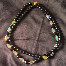 Vintage Black & Clear Faceted Glass Beaded Necklace Ball/Bead Chain