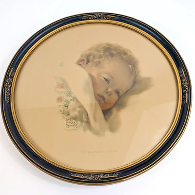 1929 Bessie Pease Gutmann Print 15'' Round Floral Ornate Frame Mischievous Baby