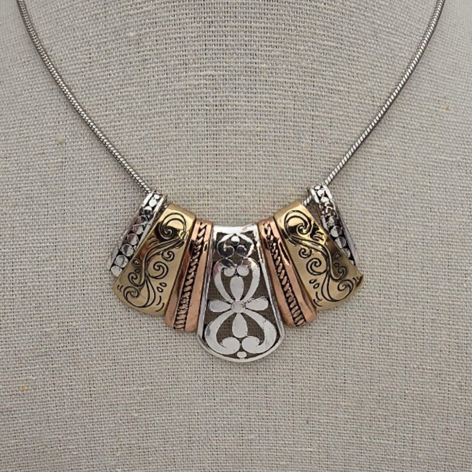 Mixed Metal Filigree Scrollwork Statement Necklac… - image 3