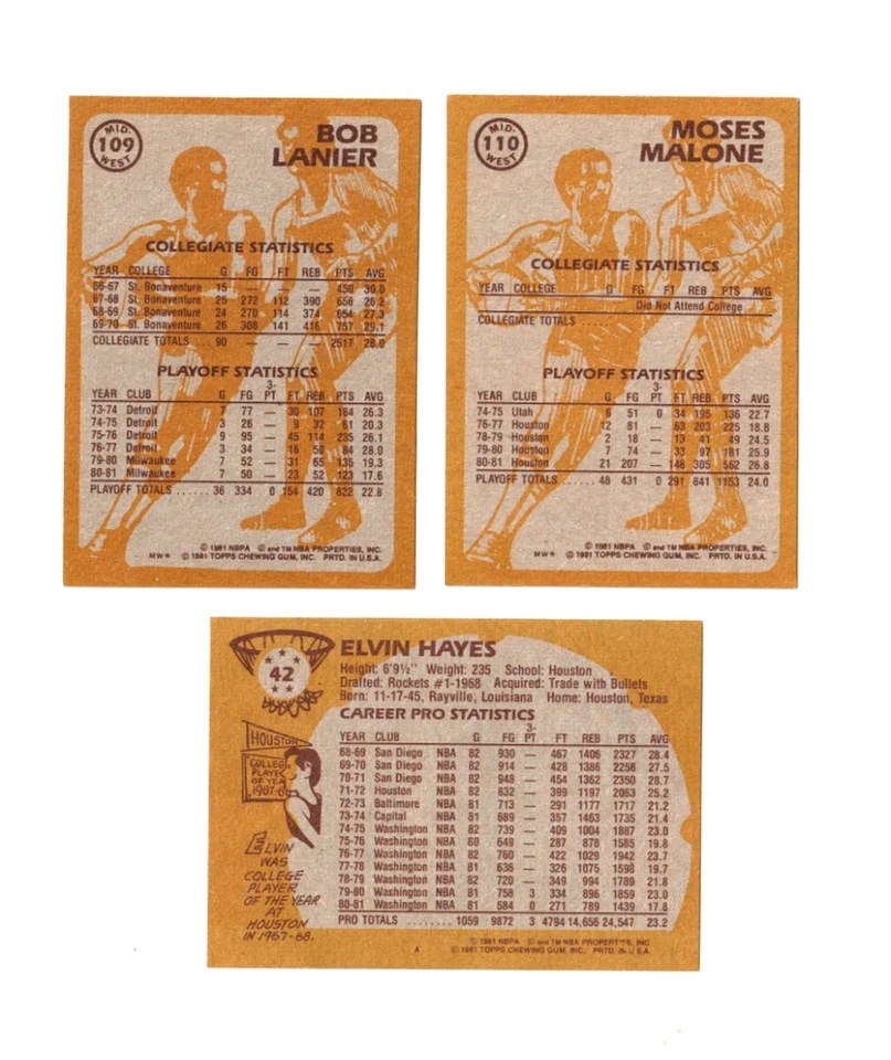 1982 Topps баскетбол лот из 3 Элвин Хейс #42, Боб Ланье #109, Моисей Мэлоун #110 - Изображение 2 из 2