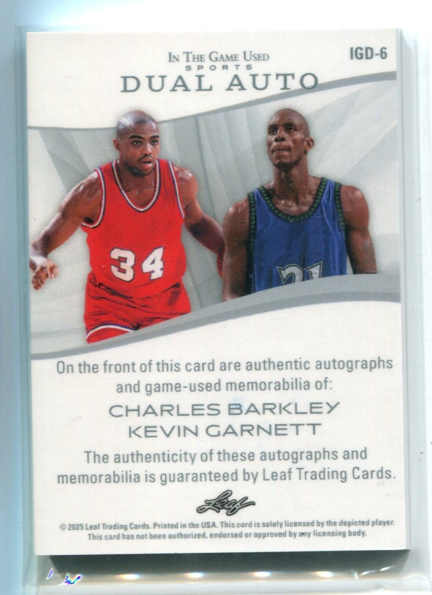 2025 Leaf In The Game Used Charles Barkley Kevin Garnett Dual Patch Auto 1/1 view 2
