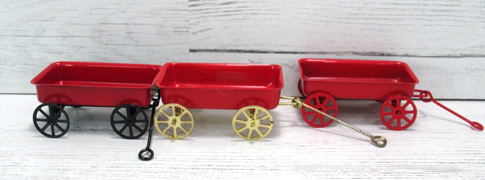 Vintage Miniature Red Metal Wagon Ornament Lot Pull Toy Rolling Dollhouse Decor
