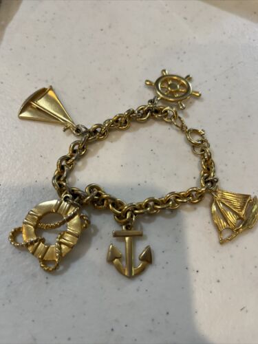 Gold Tone Sea Charm Bracelet With Charms Ship Sailboat And Anchor Life Saver - Picture 1 of 4