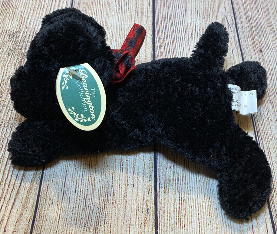 Bearington Collection Black Puppy Dog Plush Stuffed 8” Soft Toy Red Bow Jackson