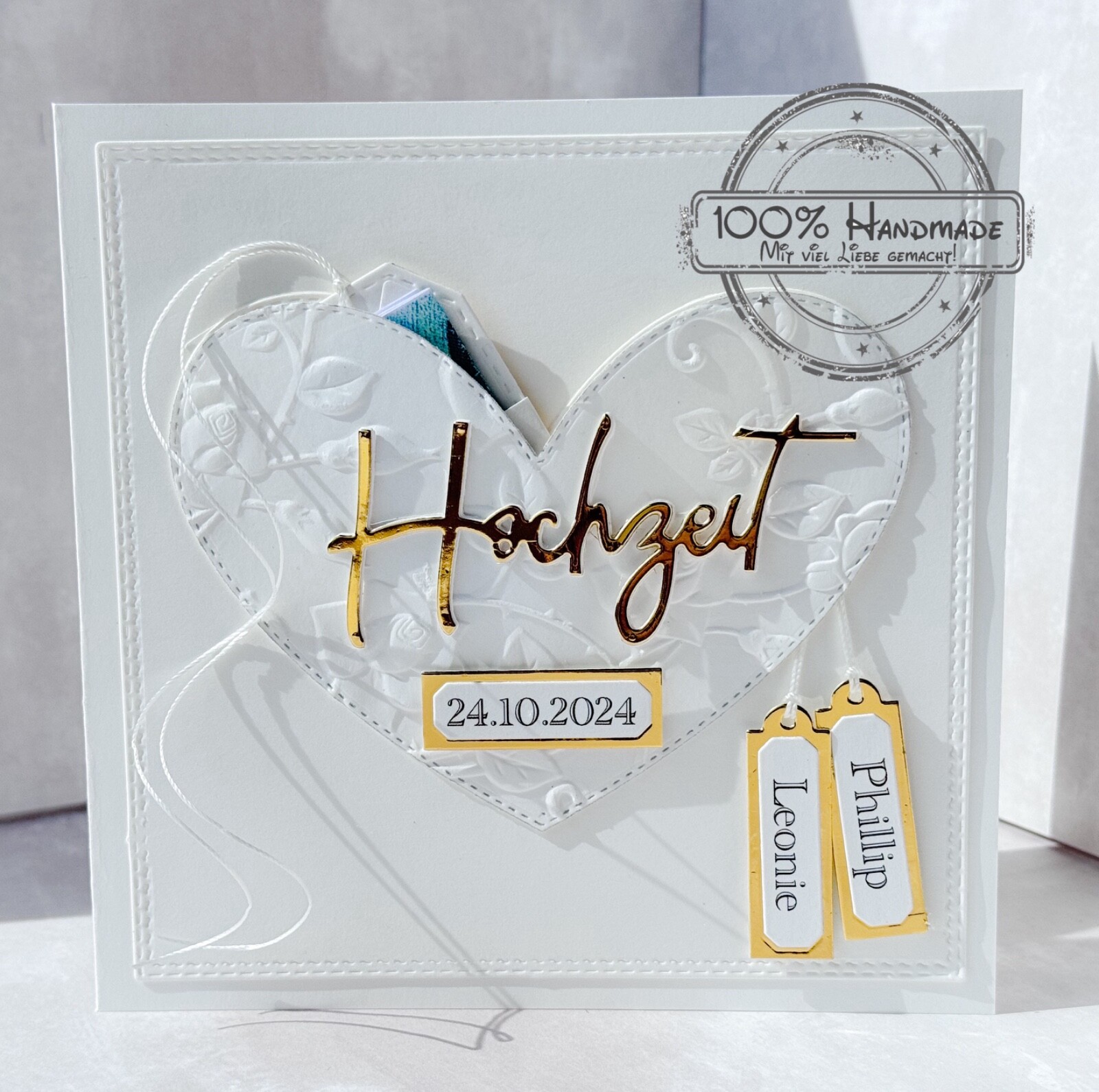 Karte zur Hochzeit personalisiert Geldfach creme Geldgeschenk 100% Handarbeit