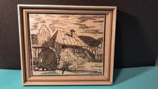 linocut graphic artist painting old water mill