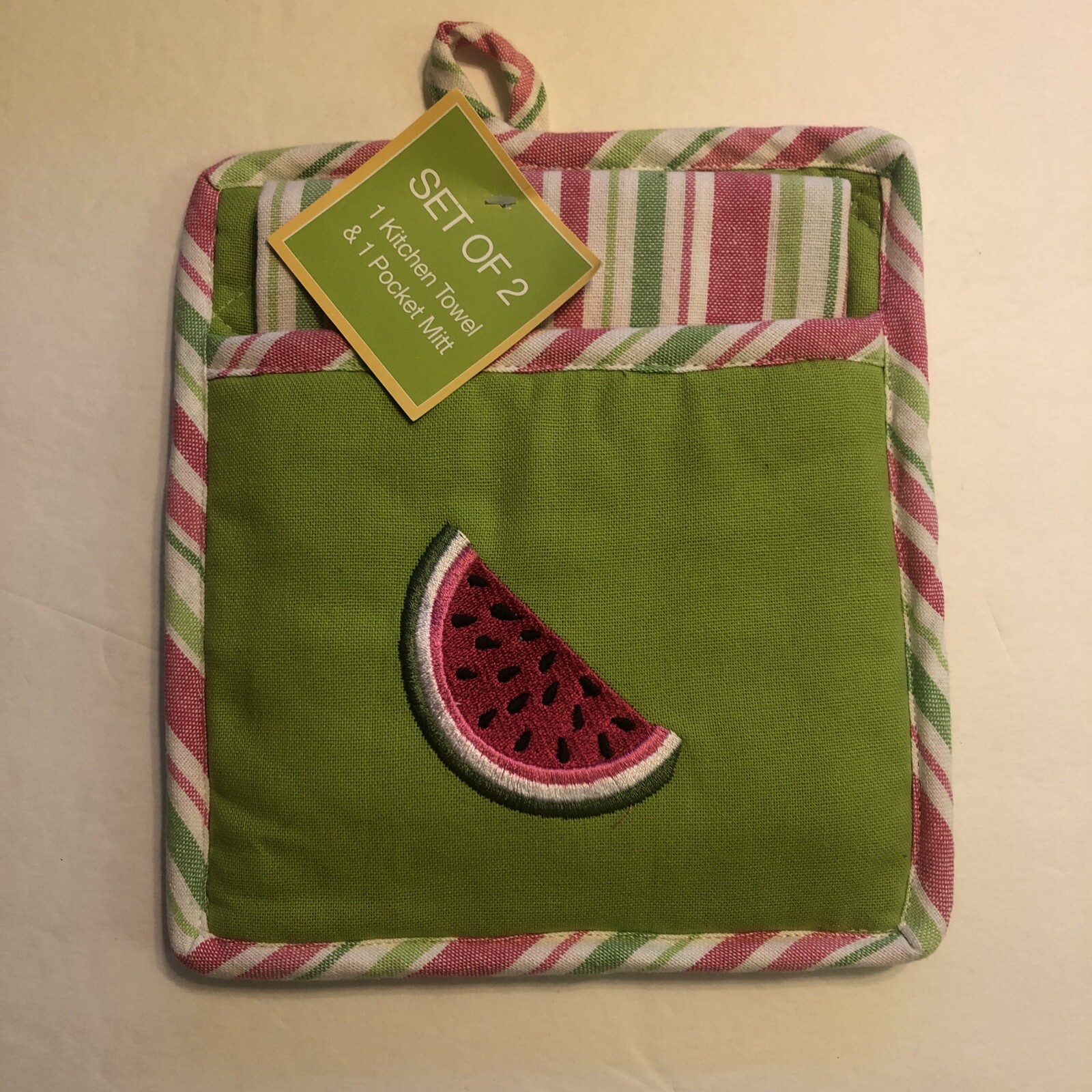 Pink/Green Striped Kitchen Dish Towels /Pot Holder Watermelon NEW By Ritz