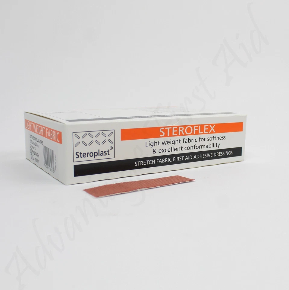 STEROFLEX BY STEROPLAST Stretch Fabric First Aid Plasters. Steroflex 7.5cm x 2.0cm (Oblong) Box of 100.