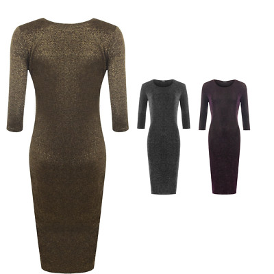Damen funkelnd gefüttert Lurex 3/4-Ärmel Damen Party Midi Kleid