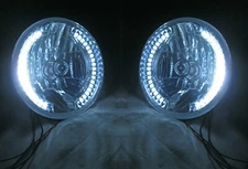 PAIR Street Rod 7" Prism Headlights w WHITE LED Turn Signals Halo No Tri Bar H4