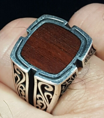 Herrenring Holz Intarsien 925 massiv Sterlingsilber Größe 10 SS