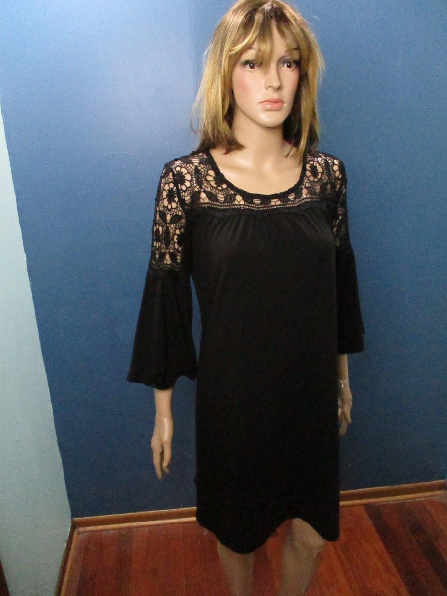 L black lace crochet bell sleeve stretchy sheath dress by REBELLION