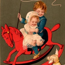 c1909 Children Wooden Rocking Horse Dog Whip Spur Light Green Variation PFB