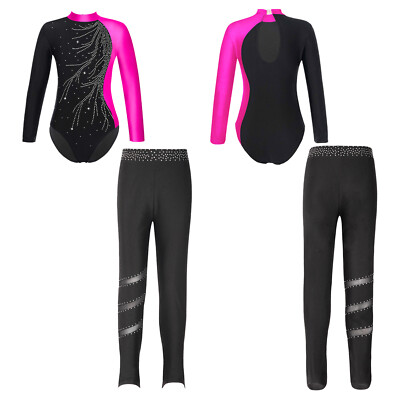 Mädchen Gymnastikanzug Turnanzug Langarm Strass Trikot mit Leggings Lange Hose