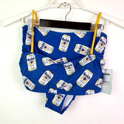 Modelo Beer Womens Size S Blue Logo All Over Print Two 2 Piece Bikini Swimsuit