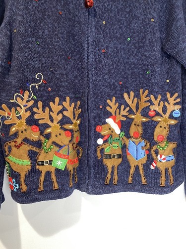 Christmas Jacket Womens Large Blue Holiday Sweater Reindeer Caroling Zip Cotton - Picture 3 of 9