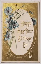 Birthday Greetings Blue Cornflowers Golden Finish Postcard L21