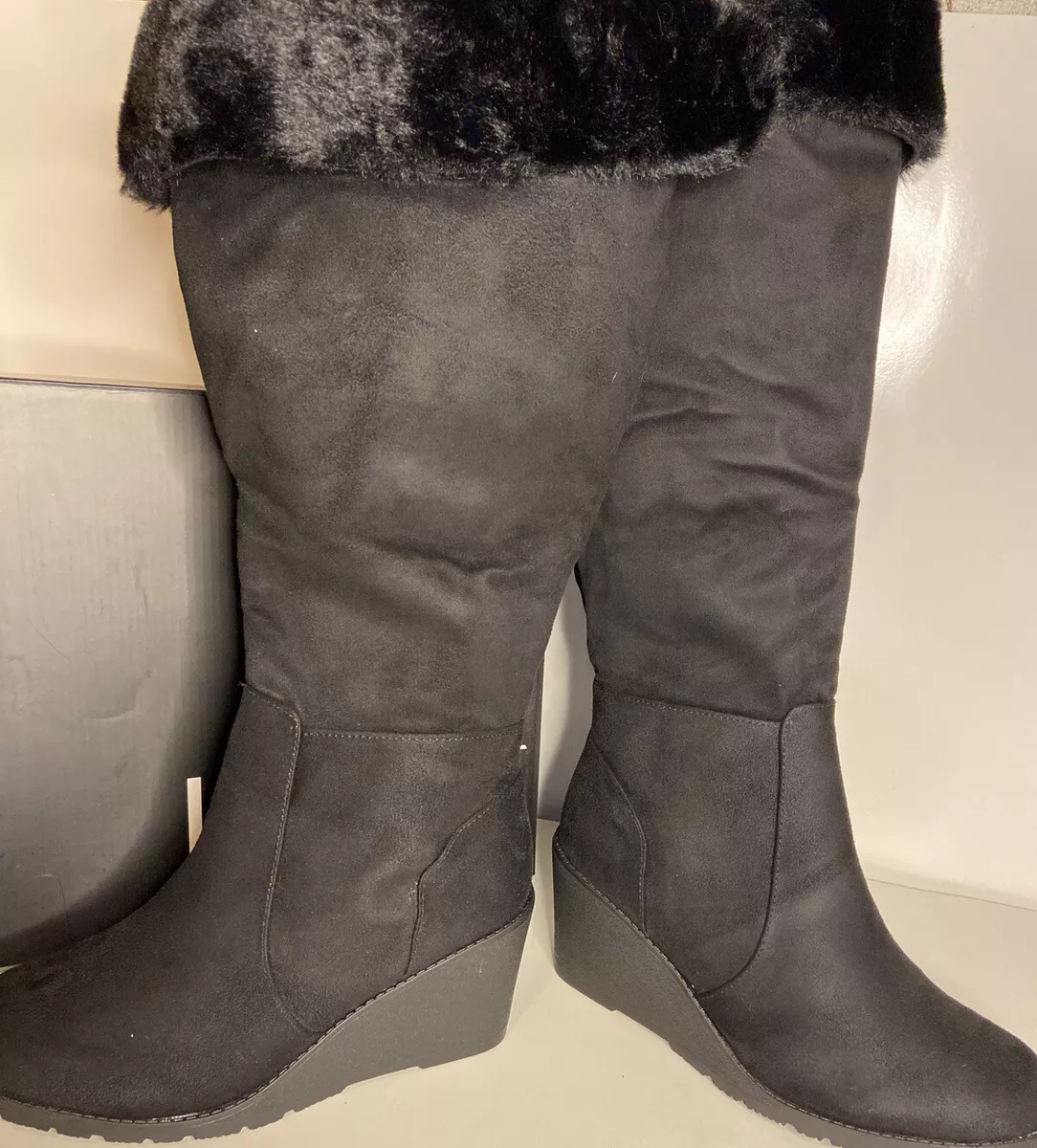 New LANE BRYANT Black EMMA Faux Suede Fur Cuff Tall Wedge BOOTS WIDE 9W